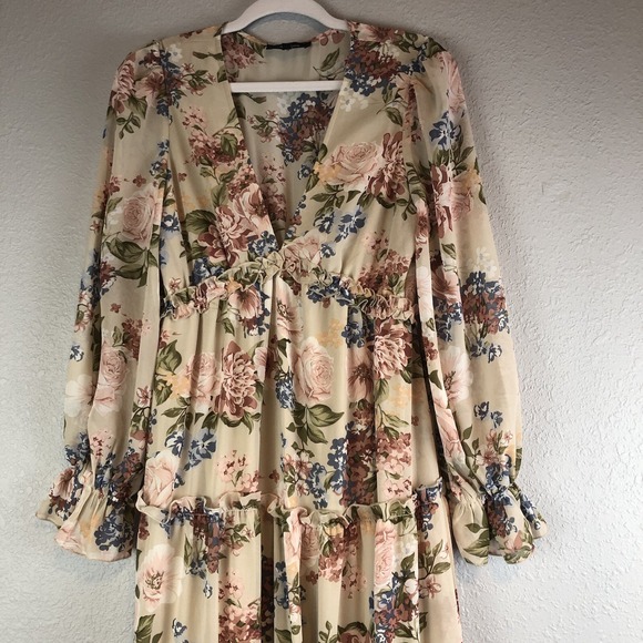 Aakaa Womens Maxi Dress Small Ruffle Floral Tiered V Neck Long Sleeve Boho - Picture 2 of 11